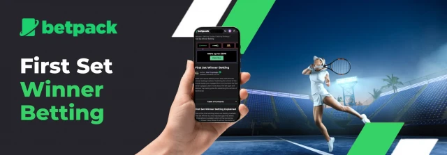 A person holding a smartphone with the Betpack app open, betting on the first set winner of a tennis match