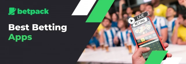 Hand holding a phone with a sports betting app, in front of cheering fans with the text