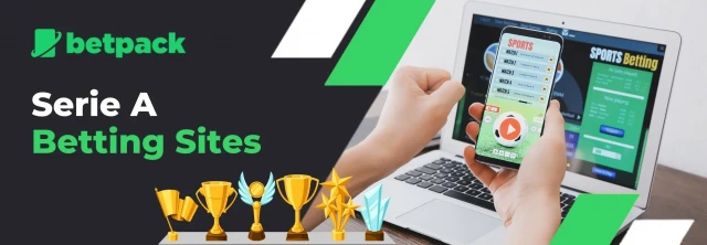 Promotional banner for Betpack and Serie A Betting Sites showing a user betting on a match through a betting app and a laptop with trophy icons representing awards.