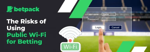 Warning about using public Wi-Fi for betting sites, featuring a login screen and Wi-Fi symbol.