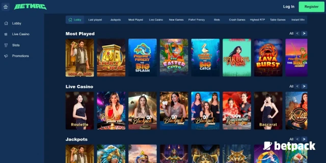 Betmac website lobby: showing most played slots, live casino, and jackpots games.