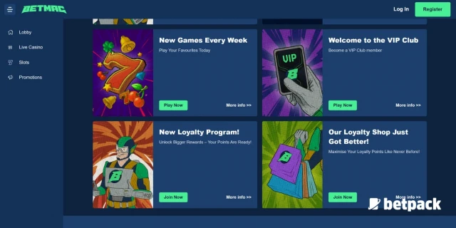 Betmac website promotions: new games, VIP club, loyalty program & shop offers.