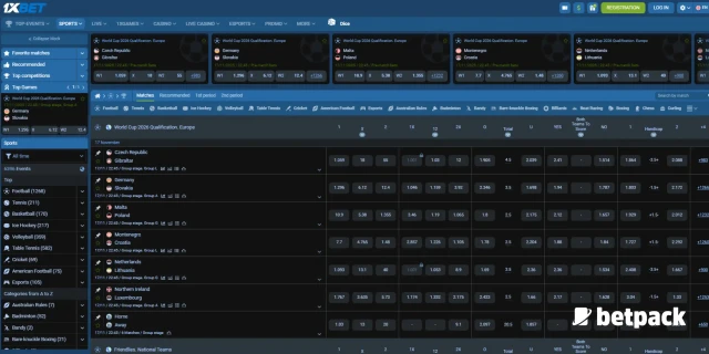 1xBet sportsbook sports betting page
