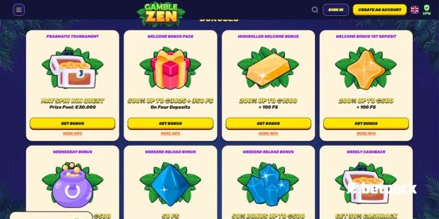 Overview of Gamblezen casino bonuses, including welcome offers, reload bonuses, and cashback.