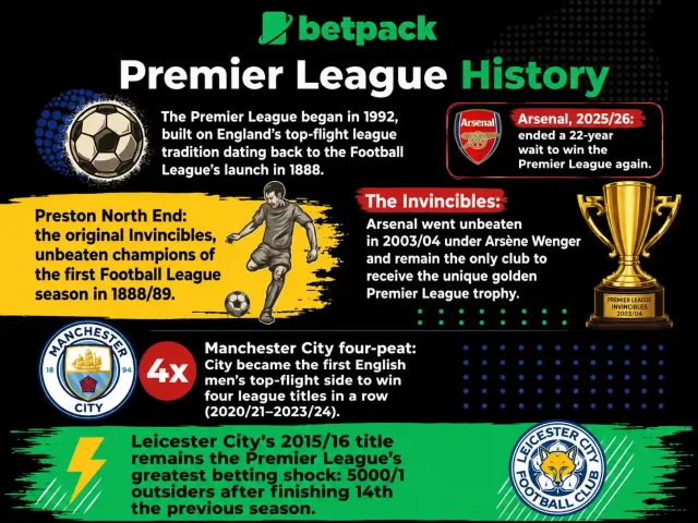 An infographic from Betpack titled Premier League History highlighting key moments in English football history.