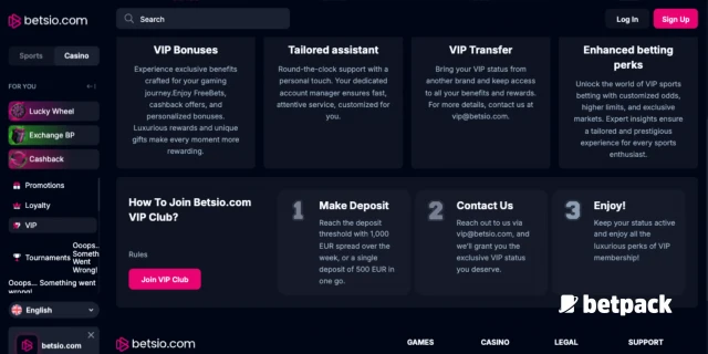 Betsio Casino VIP Club Overview