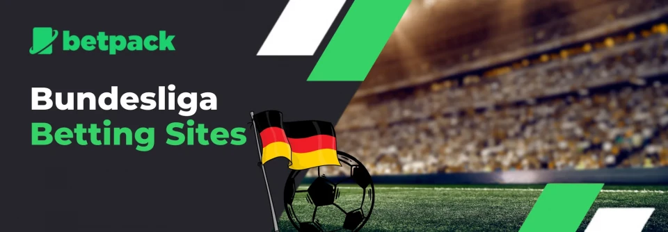 A soccer ball and a German flag on a field with a stadium in the background, and the text 