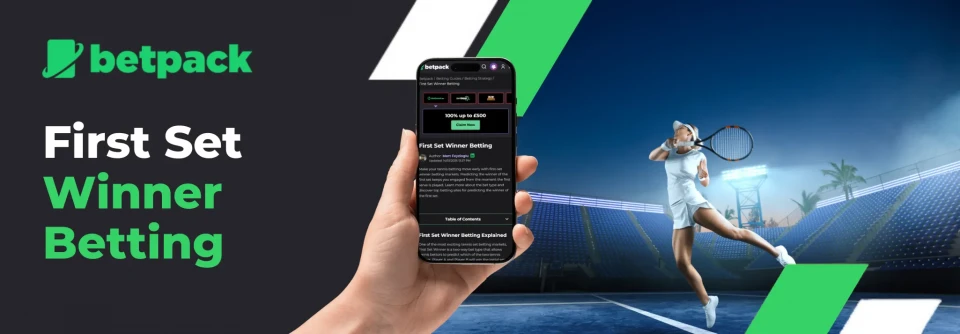 A person holding a smartphone with the Betpack app open, betting on the first set winner of a tennis match