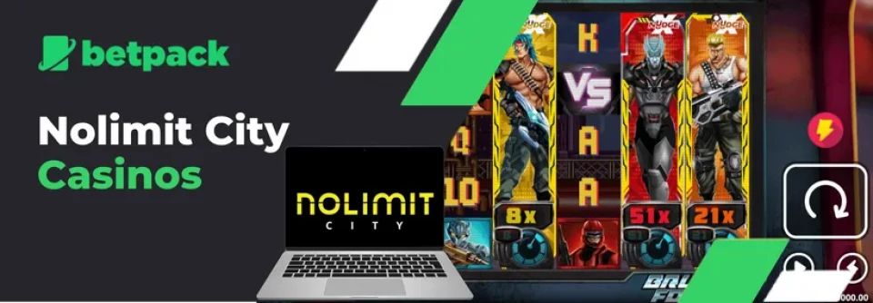 Promotional banner for Betpack and Nolimit City casinos, showcasing a vibrant slot game interface with bold characters, colorful graphics, and multipliers, alongside a laptop displaying the Nolimit City logo