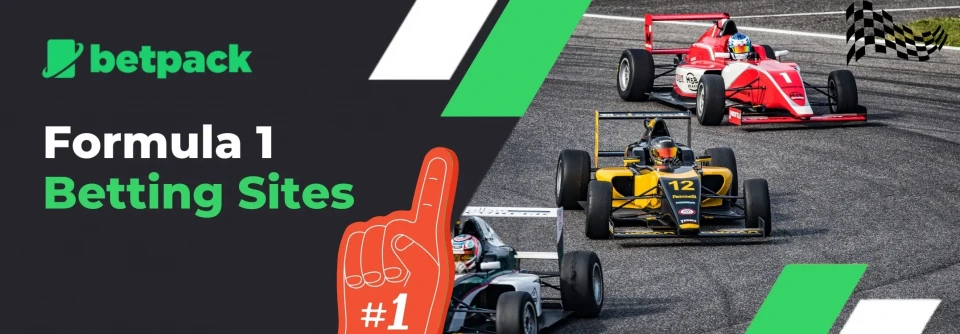 Formula 1 race cars speeding on a track, with the text 