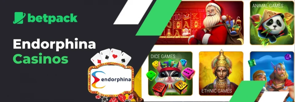 Promotional banner for Betpack highlighting Endorphina casinos, featuring diverse game categories and themed slots with colorful graphics and other vibrant characters.