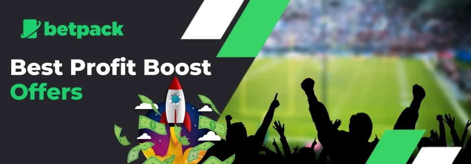 Promotional banner for Betpack featuring  Best Profit Boost Offers with a graphic of a rocket launching with money flying around and the background showcasing a blurred sports stadium with cheering fans.