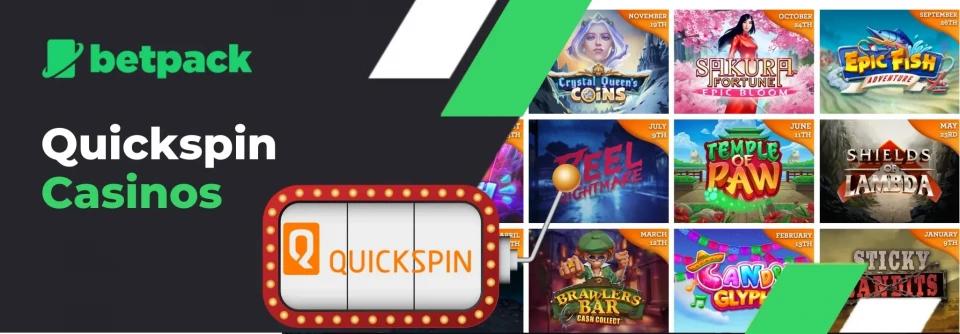 Promotional banner for Betpack and Quickspin casinos, displaying a selection of vibrant slot game titles