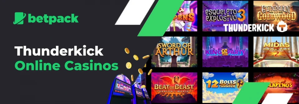 Thunderkick games with logo, golden coins and slot machines.