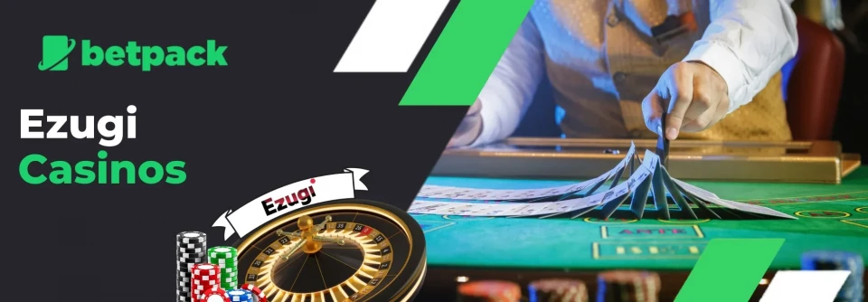 Promotional banner for Ezugi by Betpack, featuring a casino dealer spreading cards on a table, a roulette wheel with the Ezugi logo, and stacks of poker chips