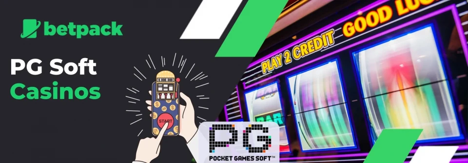 Promotional banner for PG Soft Casinos by Betpack, featuring a digital slot machine illustration and the Pocket Games Soft logo