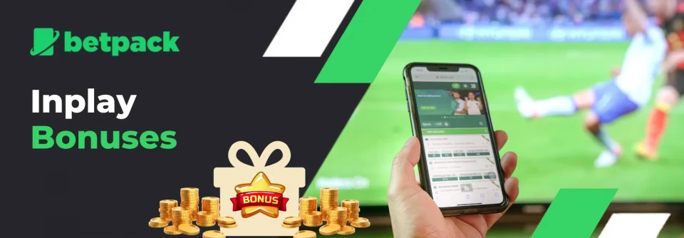 Promotional banner for Betpack featuring Inplay Bonuses. The image shows the Betpack logo in white and green text and a bonus-themed graphic with gold coins and a gift box. On the right, a hand holds a smartphone displaying a live betting website, with a blurred football match playing on a TV in the background.
