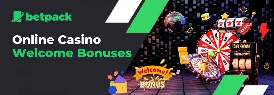 Casino slot machine and roulette with welcome bonus banner and golden chips.