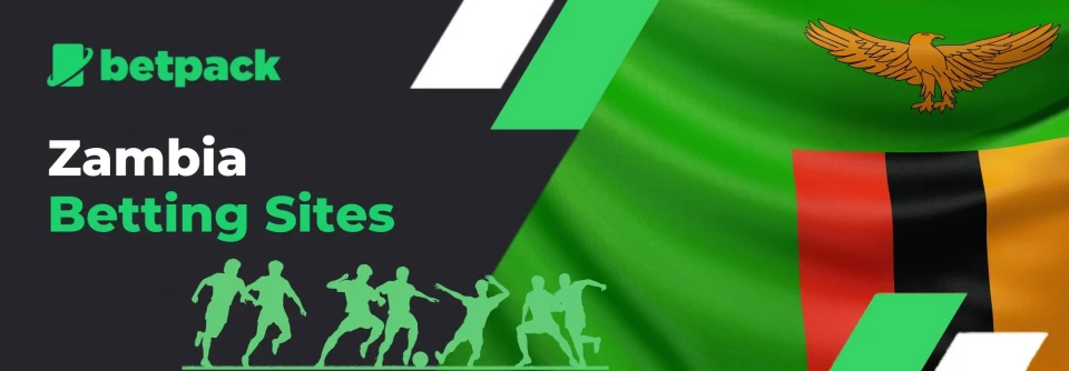 Betting sites in Zambia text, flag, logo, and sporty silhouette graphic.
