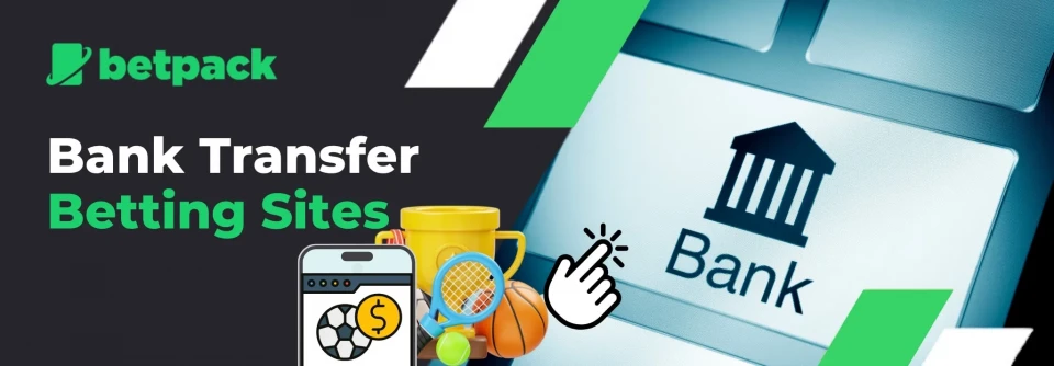 Promotional image for bank transfer betting sites for Betpack featuring a keyboard with a bank icon, along with sports-related graphics, a smartphone displaying betting elements, and a clicking hand icon.