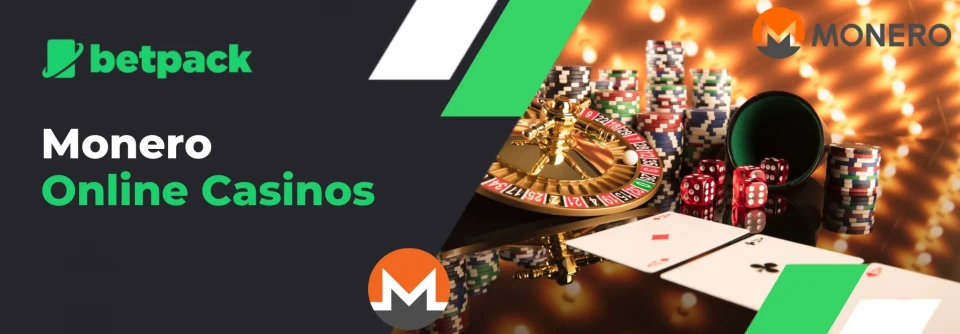 Casino roulette, cards and chips with Monero logo.