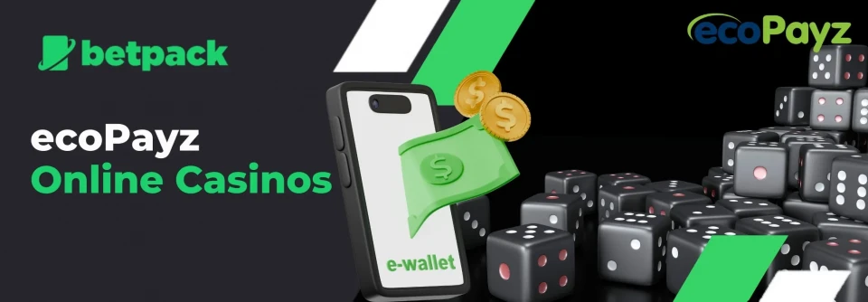 ecoPayz casino: mobile phone showing transaction, black dices representing casino