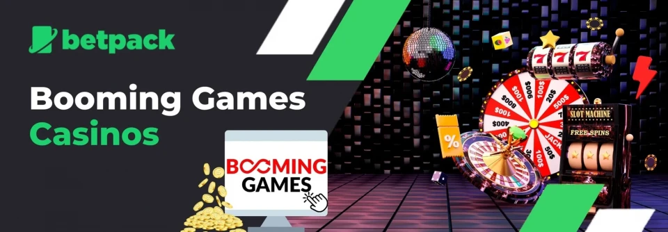 Promotional banner for Booming Games Casinos by Betpack with a vibrant casino-themed illustration and a computer screen displaying the Booming Games logo.