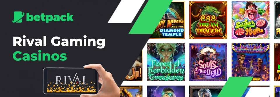 Promotional banner for Betpack featuring Rival Gaming Casinos including a smartphone displaying the Rival logo with gold coins and colorful Rival Gaming slot game thumbnails on the right side.