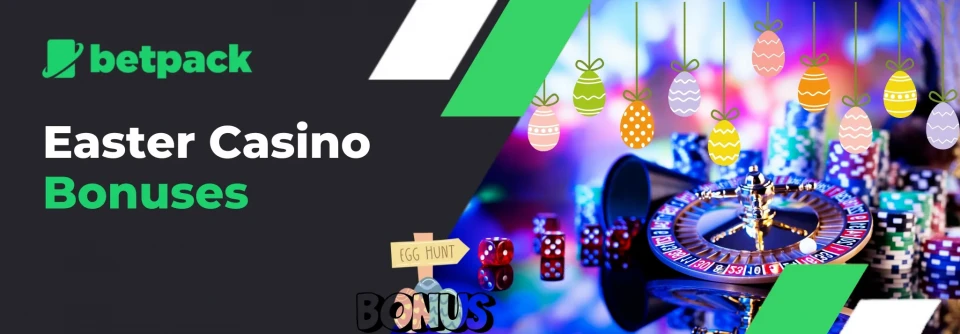 Easter casino bonuses text, colorful eggs, slot machine and other online casino games.