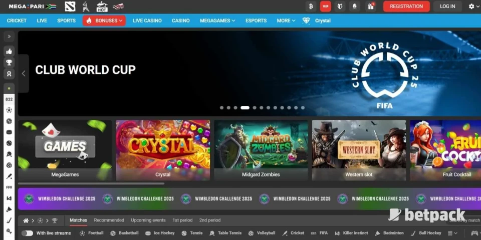 Megapari bookmaker sports banner with Betpack logo.