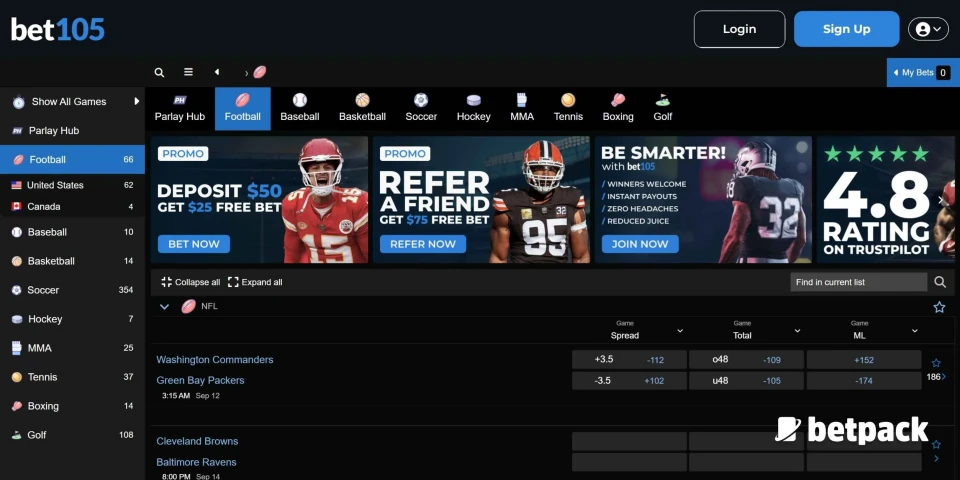 Bet105 sportsbook image showing bonuses and sports with white Betpack logo.