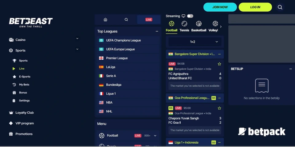 BetBeast sports page image in the background with the Betpack logo.