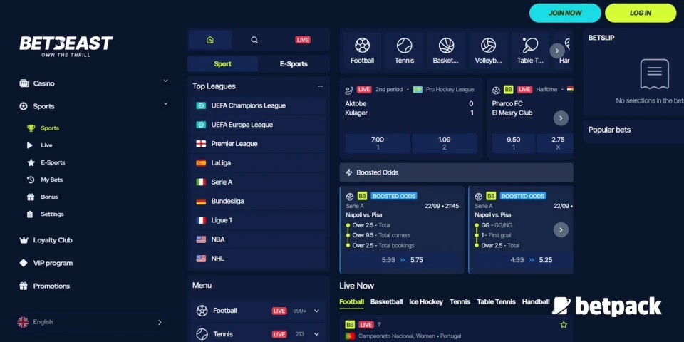 BetBeast sport events for South African players with the Betpack logo.