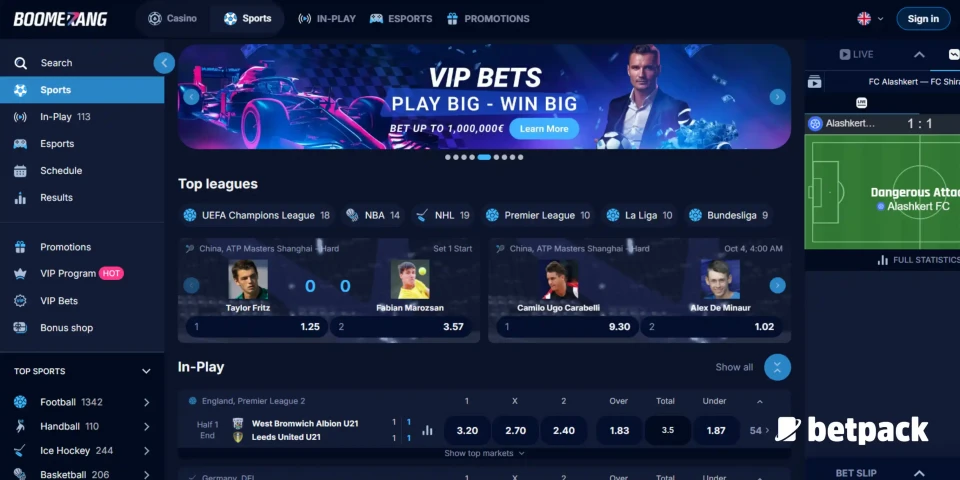 Boomerang-bet.io sports betting image with white Betpack logo.