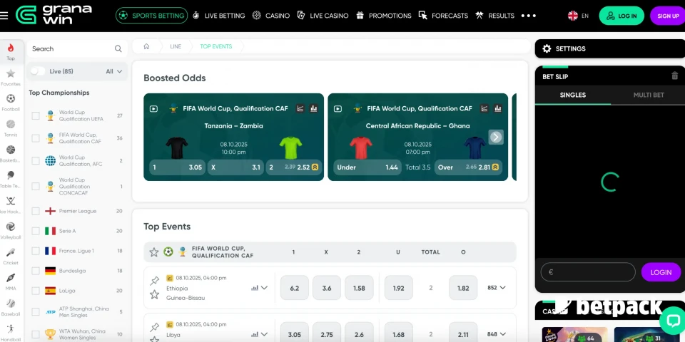 Available sports betting options at GranaWin.