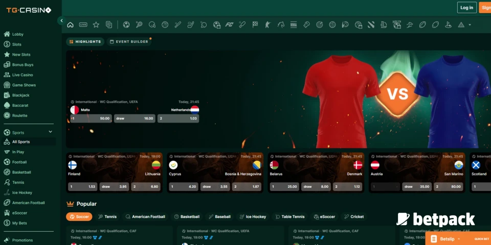 TG Casino sports betting page