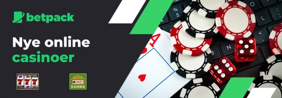 Betpack banner showcasing new online casinos with poker chips, dice, and playing cards on a dark background