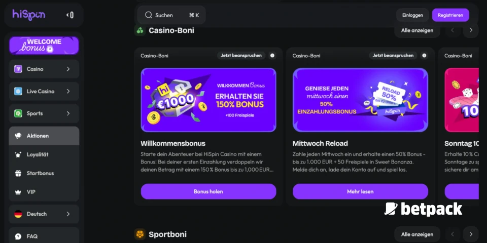 HiSpin Casino Bonus Übersicht Alle Aktionen