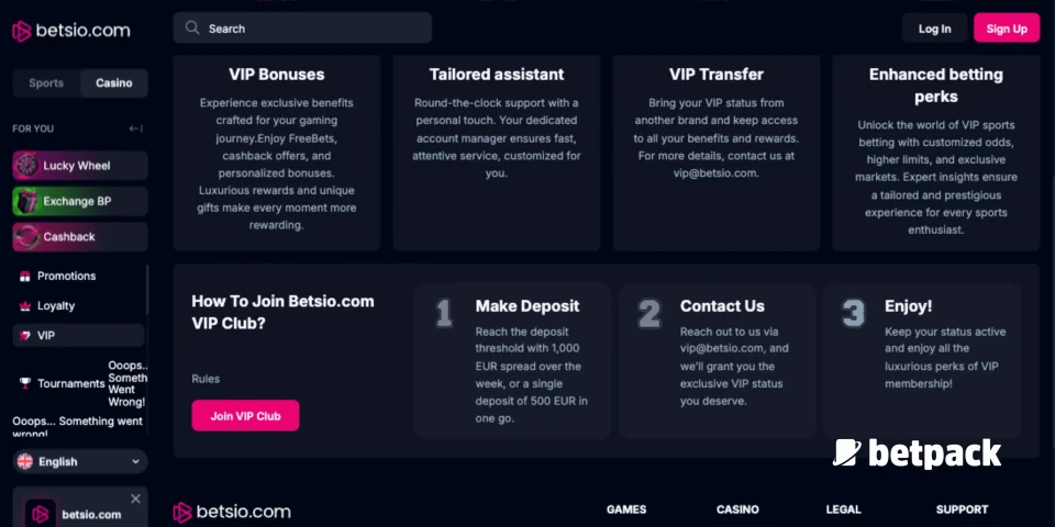 Betsio Casino VIP Club Overview