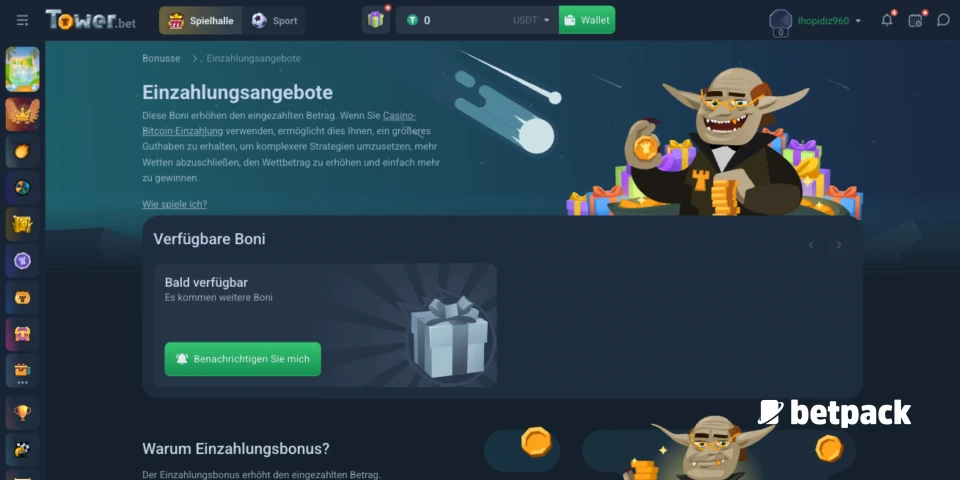 Tower.bet Casino Bonus Übersicht